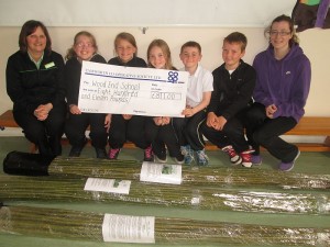 Emma Horsham, manager of the Tamworth Wood End convenience store (left), is pictured with some of the pupils at Wood End Primary School and Forest School leader Cara Hall.
