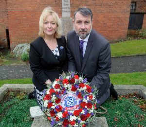 Amanda Woodward, general manager of Tamworth Co-operative Society’s funeral division, and deputy funeral manager Glen Speak lay wreath on founder William MacGregor’s grave at St Chad’s Church, Hopwas to mark 130th anniversary.